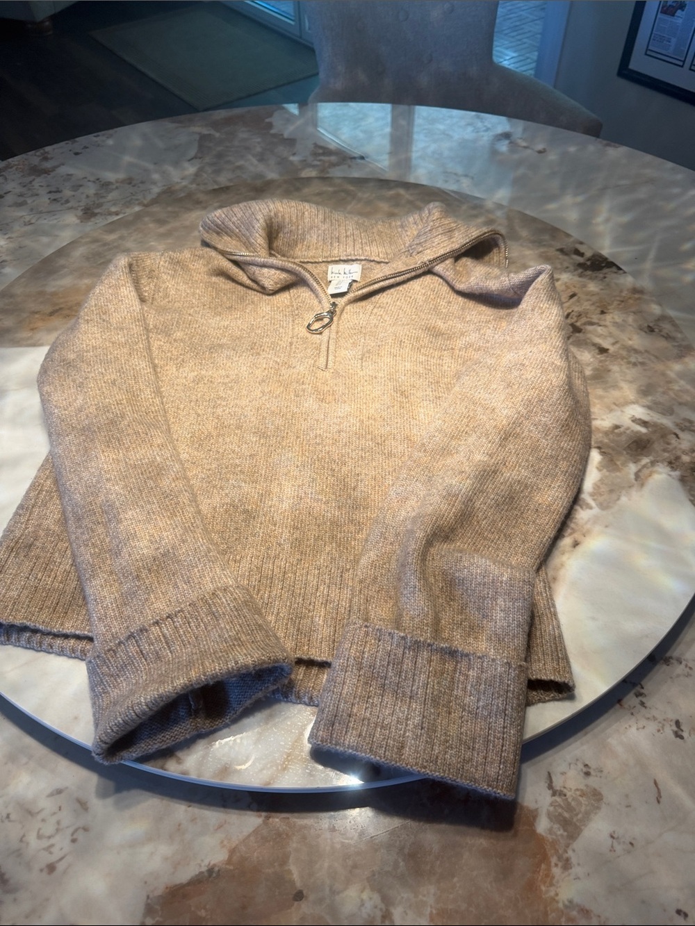 Nicole Miller Light Taupe Ribbed Half-Zip Turtleneck Sweater